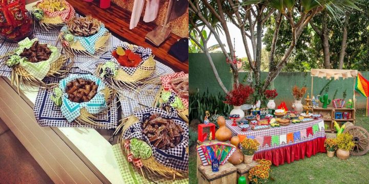 Mesa de Festa Junina: Como Decorar com Estilo 40 Montagem final da mesa de festa junina com níveis variados e iluminação suave.