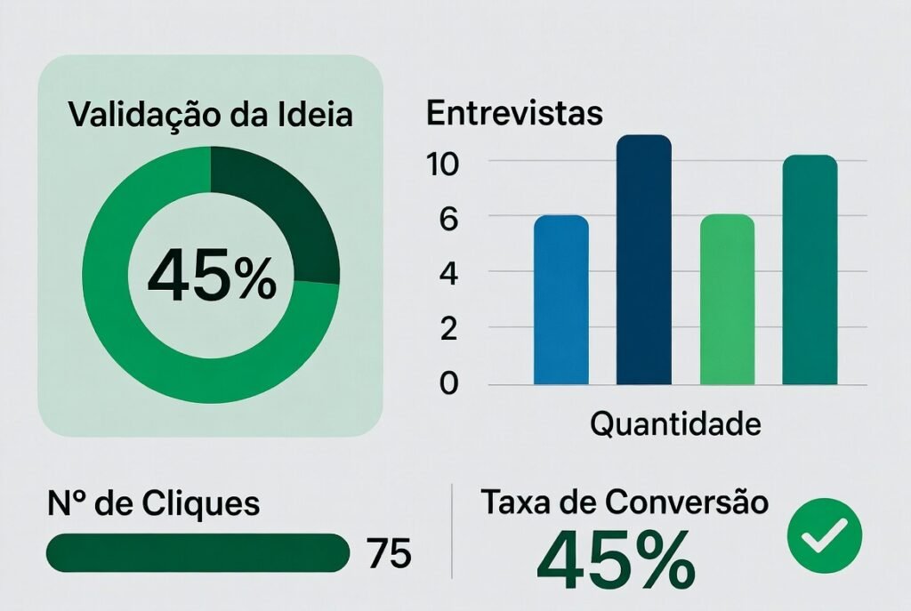 Dashboard de métricas de validação de ideia de negócio após 7 dias – resultados reais